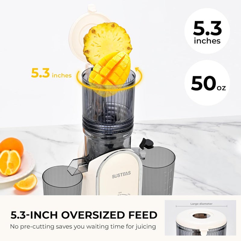susteas Cold Press Juicer, 5.3" Feed Chute Slow Masticating Machines with 300W, Fit Whole Fruits & Vegetables, High Juice Yield, Easy to Clean, White - Image 3